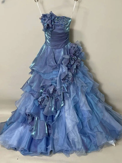 Gothic Strapless Sweet 16 Ball Gown, Blue & Purple Layered Tulle Long Sweet Sixteen Formal Dress RB9961