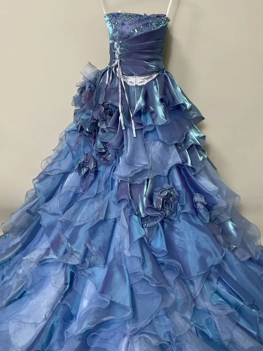 Gothic Strapless Sweet 16 Ball Gown, Blue & Purple Layered Tulle Long Sweet Sixteen Formal Dress RB9961