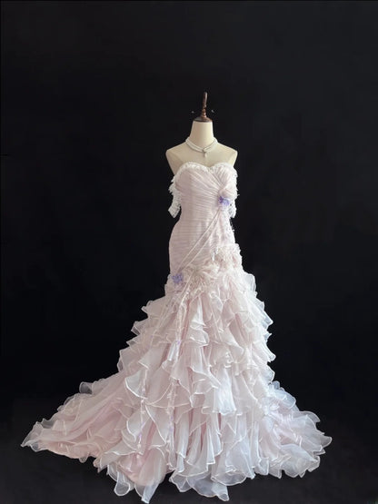 Beautiful Mermaid Sweetheart Pink Tulle With Tiered Layers Prom Dress Formal Outfits Party Dresses RB7577