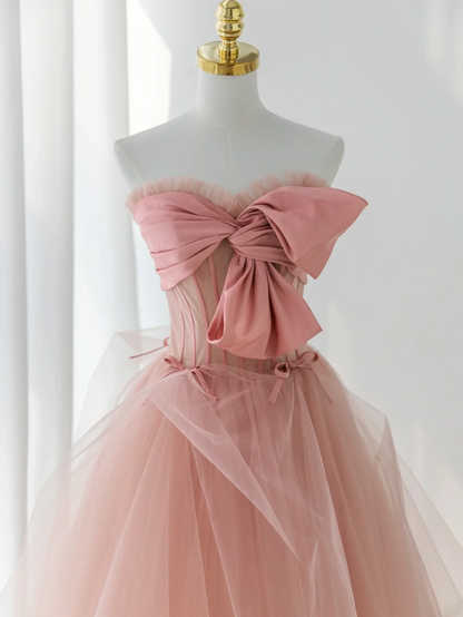 Elegant Ball Gown Strapless Pink Tulle Long Formal Prom Dresses Dance Night Outfits Evening 18th Birthday Outfit AS176