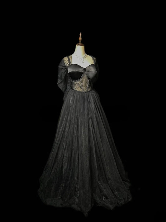 Vintage Prom Dresses A line Sweetheart Tulle Black Tie Dress With Sleeves Long Party Gown Formal Outfits RB5984