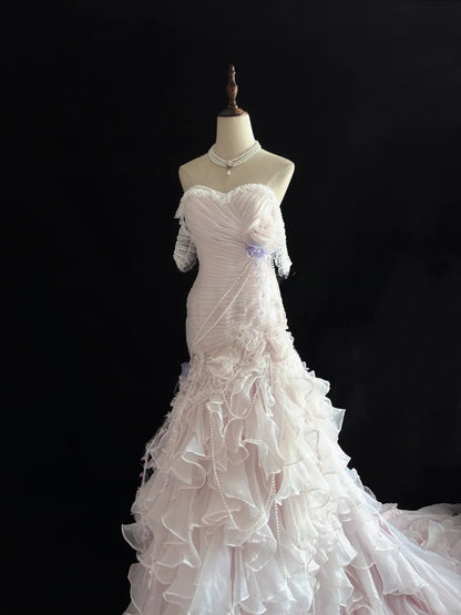 Beautiful Mermaid Sweetheart Pink Tulle With Tiered Layers Prom Dress Formal Outfits Party Dresses RB7577