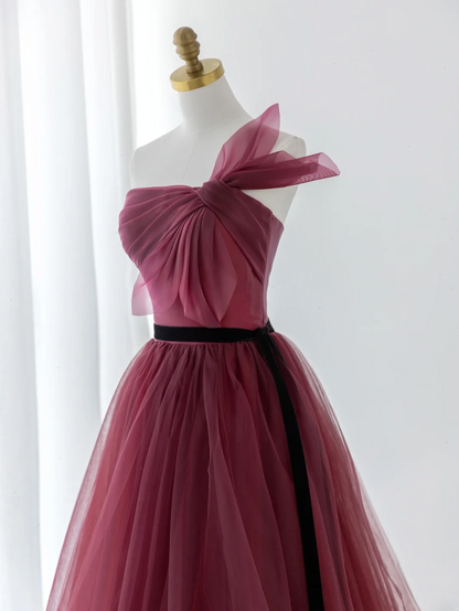Elegant Ball Gown Strapless Burgundy Tulle Long Formal Prom Dresses Dance Night Outfits Evening 18th Birthday Outfit AS177