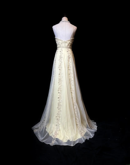 Sparkly Prom Dresses A line Spaghetti Strap Yellow Chiffon With Lace Sleeveless Long Formal Outfits RB5985