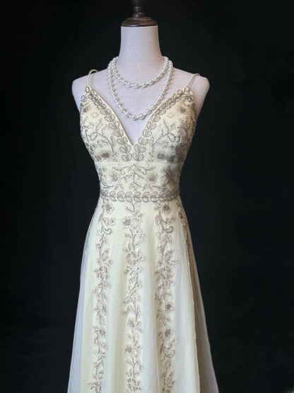Sparkly Prom Dresses A line Spaghetti Strap Yellow Chiffon With Lace Sleeveless Long Formal Outfits RB5985