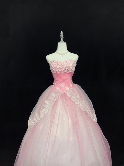 Cute Ball Gown Sweetheart Pink Tulle With Flowers Long Quince Dress Voluminous Sweet 16 Sweet Sixteen Outfits Vestido de 15 RB7578