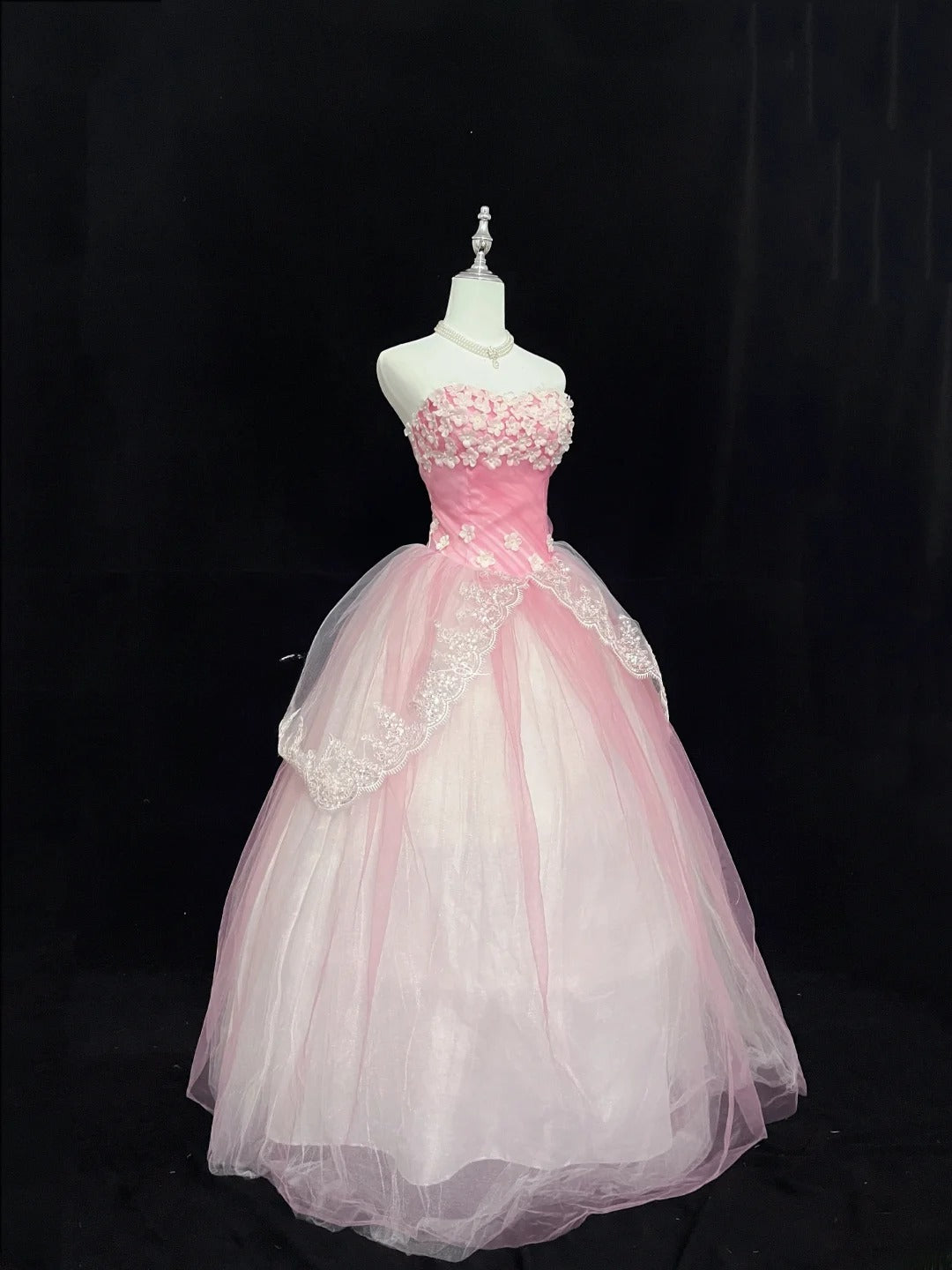 Cute Ball Gown Sweetheart Pink Tulle With Flowers Long Quince Dress Voluminous Sweet 16 Sweet Sixteen Outfits Vestido de 15 RB7578