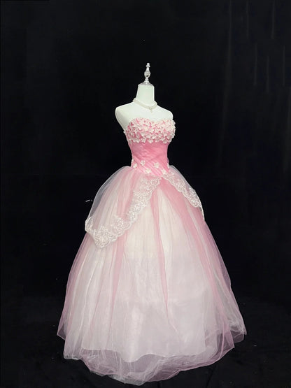 Cute Ball Gown Sweetheart Pink Tulle With Flowers Long Quince Dress Voluminous Sweet 16 Sweet Sixteen Outfits Vestido de 15 RB7578