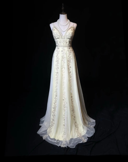 Sparkly Prom Dresses A line Spaghetti Strap Yellow Chiffon With Lace Sleeveless Long Formal Outfits RB5985