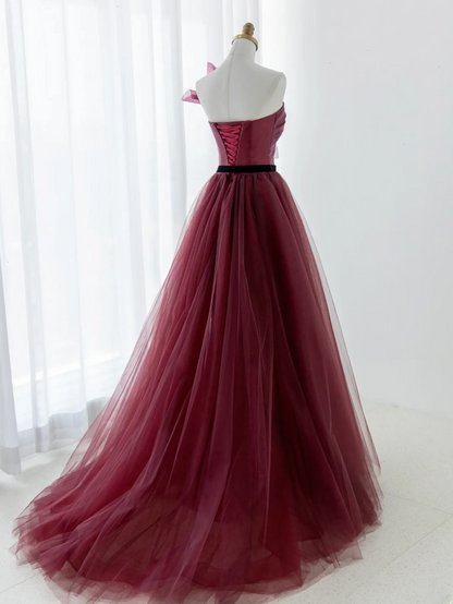 Elegant Ball Gown Strapless Burgundy Tulle Long Formal Prom Dresses Dance Night Outfits Evening 18th Birthday Outfit AS177