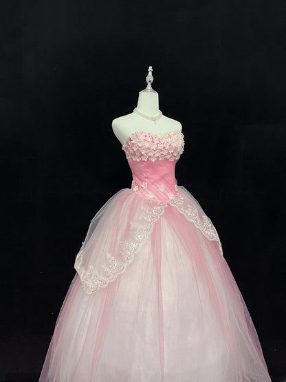 Cute Ball Gown Sweetheart Pink Tulle With Flowers Long Quince Dress Voluminous Sweet 16 Sweet Sixteen Outfits Vestido de 15 RB7578