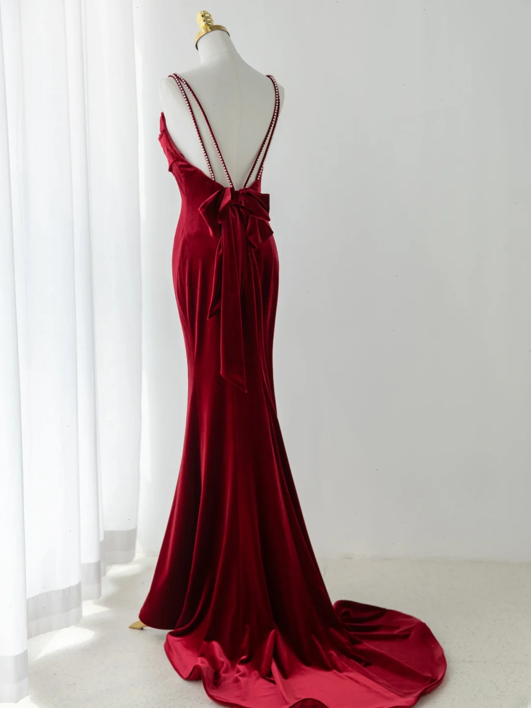 Sexy Mermaid Spaghetti Straps Dark Burgundy Velvet Prom Dress Fashion Aesthetic For Teens Formal Dresses Party Outfits Prom Gown AB1151