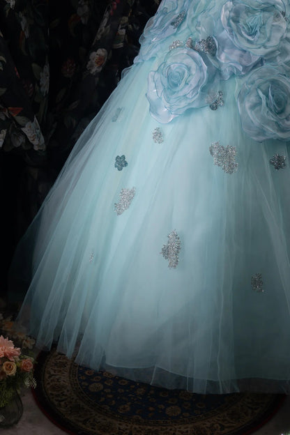 Dreamy Princess Ball Gown Formal Events Strapless Blue Tulle With 3D Flowers Quince Dress Quinceanera Dresses Birthday Outfits RB8374
