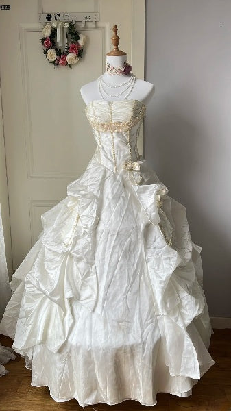 Chic Wedding Dress Ball Gown Strapless White Satin With Gold Beading Summer Bridal Gown RC0541