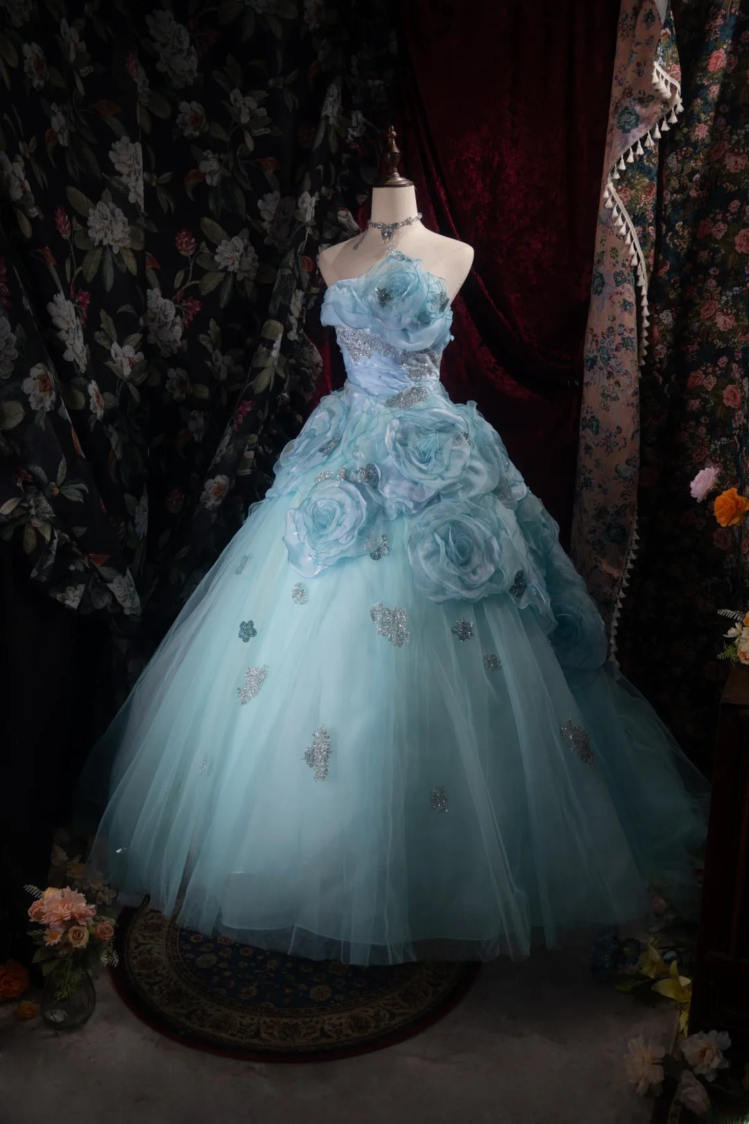 Dreamy Princess Ball Gown Formal Events Strapless Blue Tulle With 3D Flowers Quince Dress Quinceanera Dresses Birthday Outfits RB8374