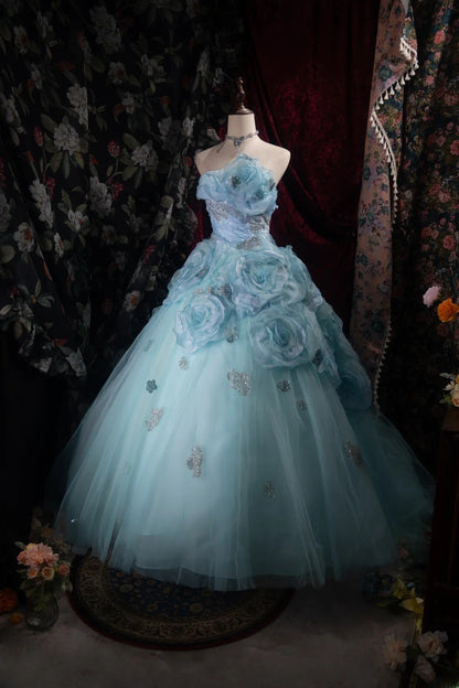 Dreamy Princess Ball Gown Formal Events Strapless Blue Tulle With 3D Flowers Quince Dress Quinceanera Dresses Birthday Outfits RB8374