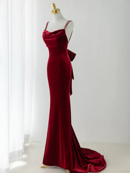 Sexy Mermaid Spaghetti Straps Dark Burgundy Velvet Prom Dress Fashion Aesthetic For Teens Formal Dresses Party Outfits Prom Gown AB1151
