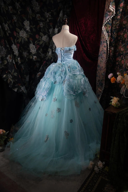 Dreamy Princess Ball Gown Formal Events Strapless Blue Tulle With 3D Flowers Quince Dress Quinceanera Dresses Birthday Outfits RB8374
