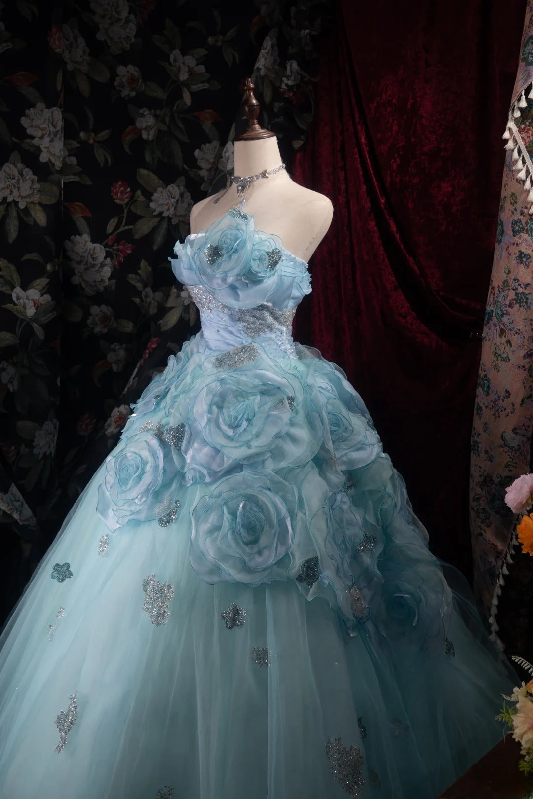 Dreamy Princess Ball Gown Formal Events Strapless Blue Tulle With 3D Flowers Quince Dress Quinceanera Dresses Birthday Outfits RB8374