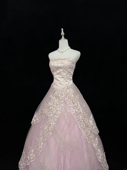 Cute Ball Gown Strapless Pink Tulle With Lace Appliqued Long Quince Dress Voluminous Sweet 16 Sweet Sixteen Outfits Vestido de 15 RB7579