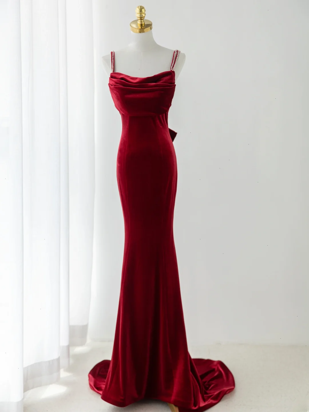 Sexy Mermaid Spaghetti Straps Dark Burgundy Velvet Prom Dress Fashion Aesthetic For Teens Formal Dresses Party Outfits Prom Gown AB1151