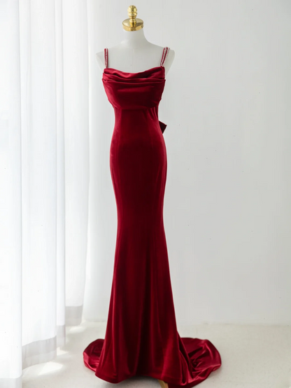 Sexy Mermaid Spaghetti Straps Dark Burgundy Velvet Prom Dress Fashion Aesthetic For Teens Formal Dresses Party Outfits Prom Gown AB1151