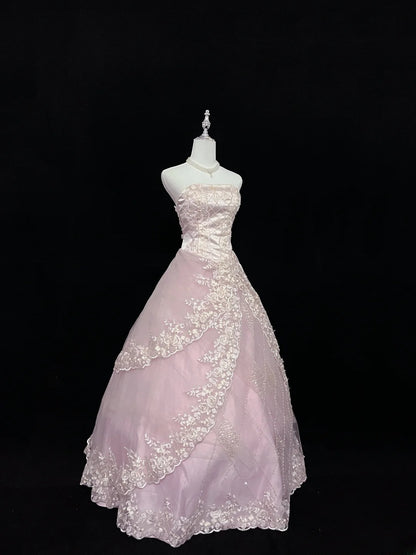 Cute Ball Gown Strapless Pink Tulle With Lace Appliqued Long Quince Dress Voluminous Sweet 16 Sweet Sixteen Outfits Vestido de 15 RB7579