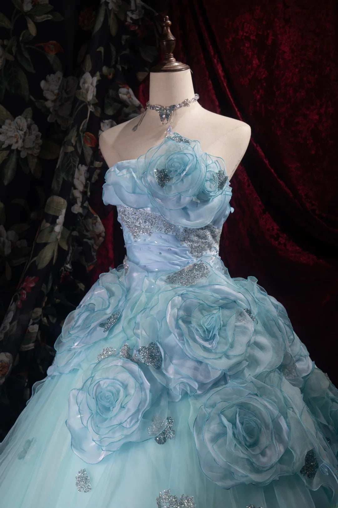 Dreamy Princess Ball Gown Formal Events Strapless Blue Tulle With 3D Flowers Quince Dress Quinceanera Dresses Birthday Outfits RB8374