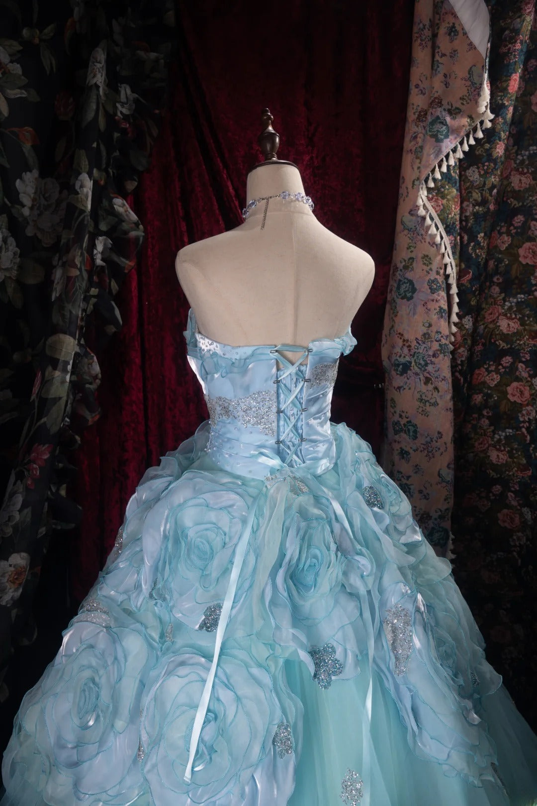 Dreamy Princess Ball Gown Formal Events Strapless Blue Tulle With 3D Flowers Quince Dress Quinceanera Dresses Birthday Outfits RB8374