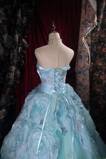 Dreamy Princess Ball Gown Formal Events Strapless Blue Tulle With 3D Flowers Quince Dress Quinceanera Dresses Birthday Outfits RB8374