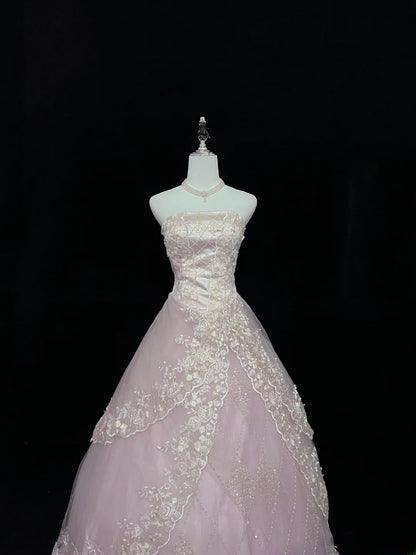 Cute Ball Gown Strapless Pink Tulle With Lace Appliqued Long Quince Dress Voluminous Sweet 16 Sweet Sixteen Outfits Vestido de 15 RB7579