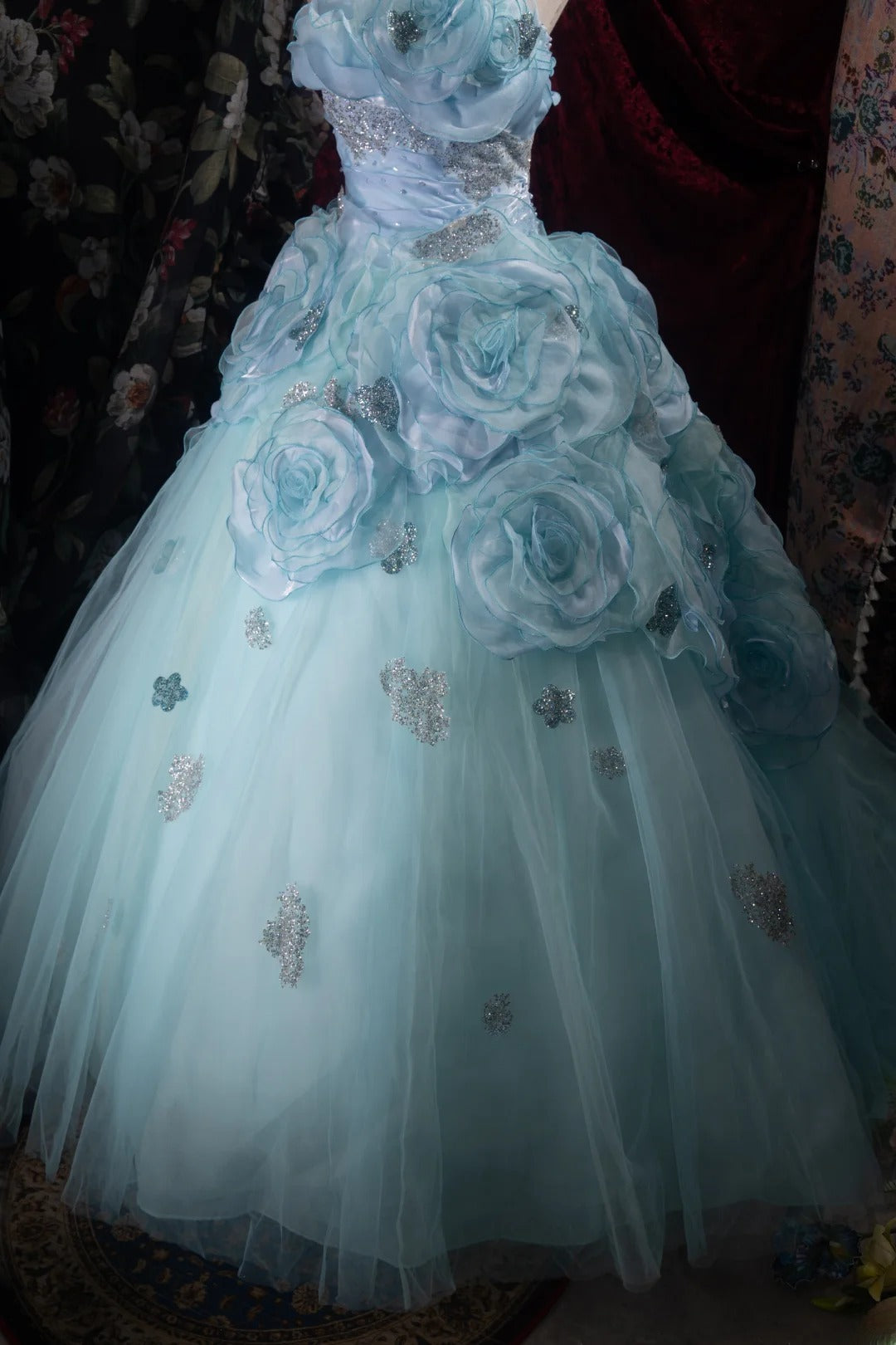 Dreamy Princess Ball Gown Formal Events Strapless Blue Tulle With 3D Flowers Quince Dress Quinceanera Dresses Birthday Outfits RB8374