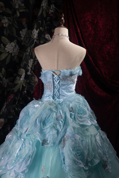 Dreamy Princess Ball Gown Formal Events Strapless Blue Tulle With 3D Flowers Quince Dress Quinceanera Dresses Birthday Outfits RB8374