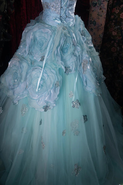 Dreamy Princess Ball Gown Formal Events Strapless Blue Tulle With 3D Flowers Quince Dress Quinceanera Dresses Birthday Outfits RB8374