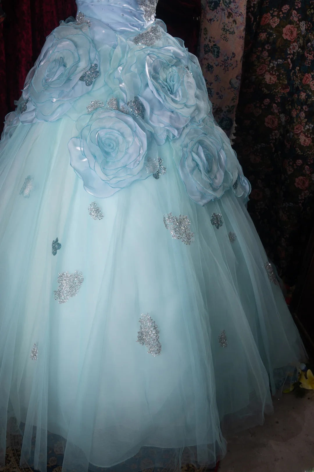 Dreamy Princess Ball Gown Formal Events Strapless Blue Tulle With 3D Flowers Quince Dress Quinceanera Dresses Birthday Outfits RB8374