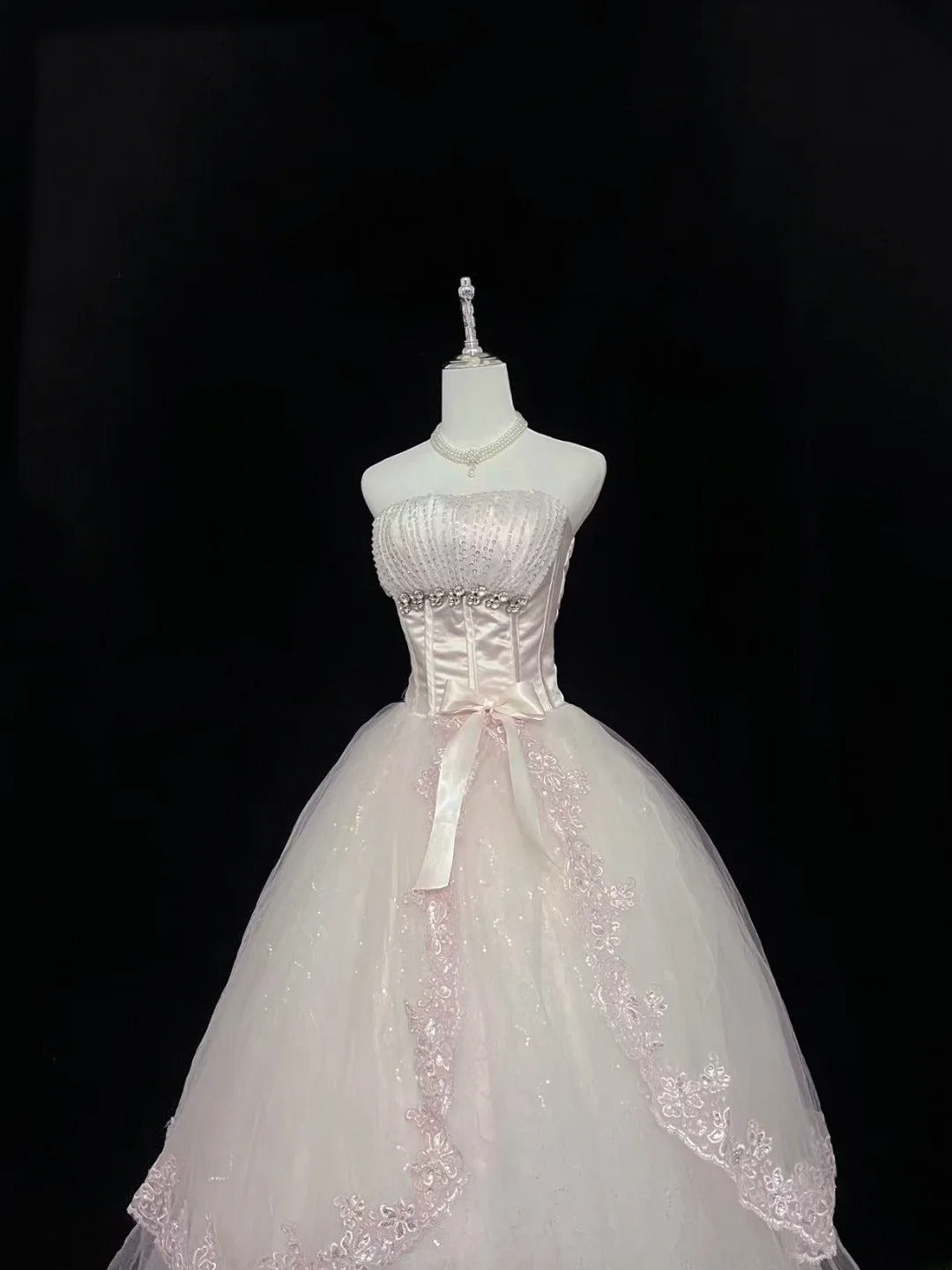 Cute Ball Gown Strapless Pink Tulle With Lace Beading Long Quince Dress Voluminous Sweet 16 Sweet Sixteen Outfits Vestido de 15 RB7580