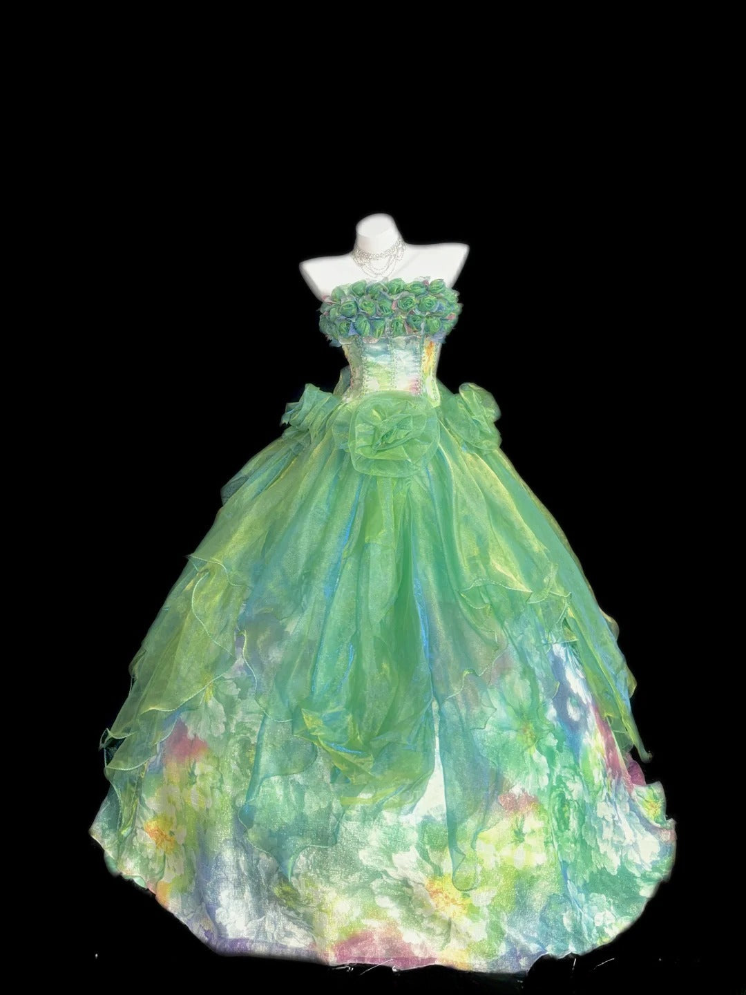Princess Ball Gown Strapless Green Tulle Long With 3D Flowers Corset Fitted Sweet 16 Dresses Seventeen Quince Dress RB3609