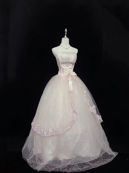 Cute Ball Gown Strapless Pink Tulle With Lace Beading Long Quince Dress Voluminous Sweet 16 Sweet Sixteen Outfits Vestido de 15 RB7580