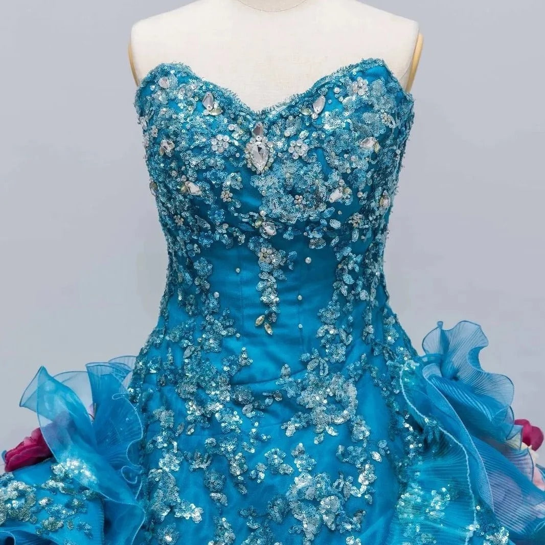 Gothic Sweetheart Sweet 16 Ball Gown, Blue Layered Tulle Long Sweet Sixteen Formal Dress RB9967
