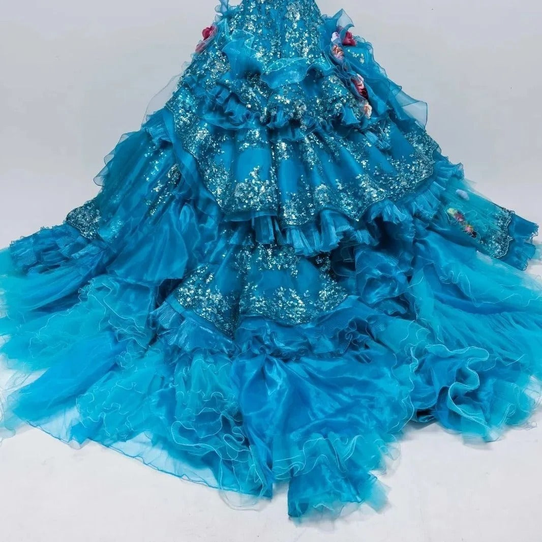 Gothic Sweetheart Sweet 16 Ball Gown, Blue Layered Tulle Long Sweet Sixteen Formal Dress RB9967