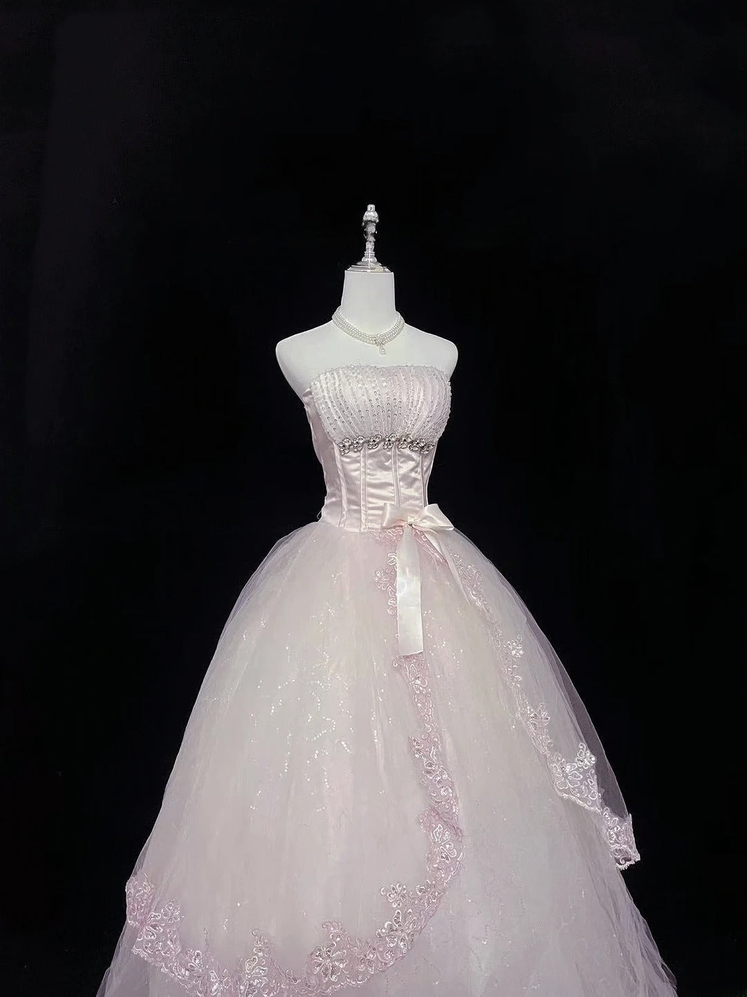 Cute Ball Gown Strapless Pink Tulle With Lace Beading Long Quince Dress Voluminous Sweet 16 Sweet Sixteen Outfits Vestido de 15 RB7580