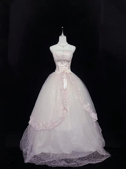 Cute Ball Gown Strapless Pink Tulle With Lace Beading Long Quince Dress Voluminous Sweet 16 Sweet Sixteen Outfits Vestido de 15 RB7580