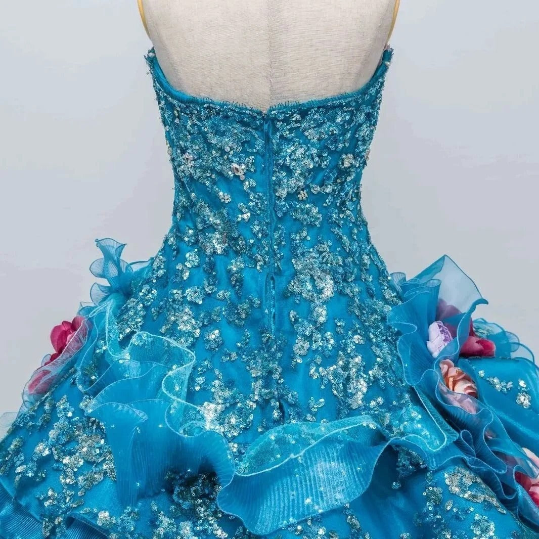 Gothic Sweetheart Sweet 16 Ball Gown, Blue Layered Tulle Long Sweet Sixteen Formal Dress RB9967