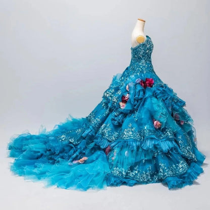 Gothic Sweetheart Sweet 16 Ball Gown, Blue Layered Tulle Long Sweet Sixteen Formal Dress RB9967