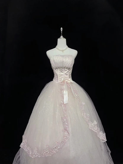 Cute Ball Gown Strapless Pink Tulle With Lace Beading Long Quince Dress Voluminous Sweet 16 Sweet Sixteen Outfits Vestido de 15 RB7580