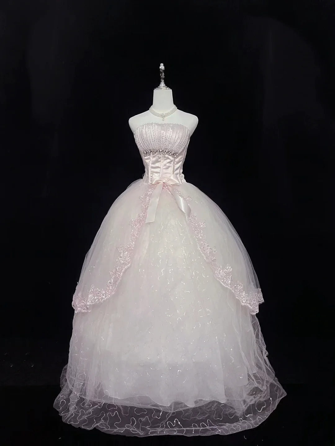 Cute Ball Gown Strapless Pink Tulle With Lace Beading Long Quince Dress Voluminous Sweet 16 Sweet Sixteen Outfits Vestido de 15 RB7580