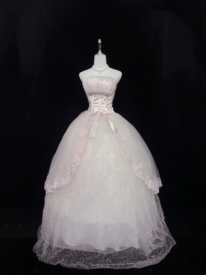 Cute Ball Gown Strapless Pink Tulle With Lace Beading Long Quince Dress Voluminous Sweet 16 Sweet Sixteen Outfits Vestido de 15 RB7580
