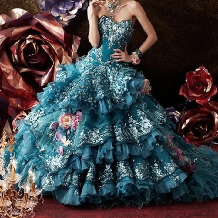 Gothic Sweetheart Sweet 16 Ball Gown, Blue Layered Tulle Long Sweet Sixteen Formal Dress RB9967