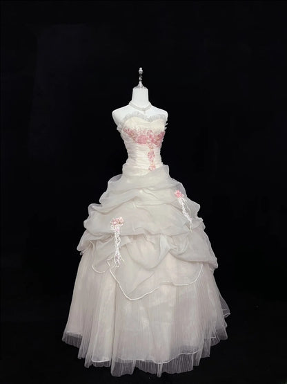 Cute Ball Gown Strapless Tulle With Pink Lace Long Quince Dress Voluminous Sweet 16 Sweet Sixteen Outfits Vestido de 15 RB7581
