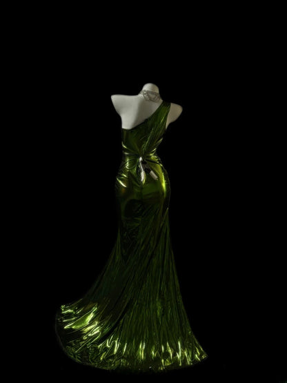 Vintage Prom Dresses Mermaid One Shoulder Green Sequin Sleeveless Long Evening Formal Outfits RB3610